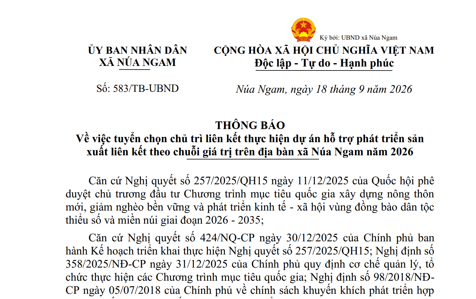 THÔNG BÁO về việc tuyển chọn chủ trì liên kết thực hiện dự án hỗ trợ phát triển sản xuất liên kết theo chuỗi giá trị trên địa bàn xã Núa Ngam năm 2026