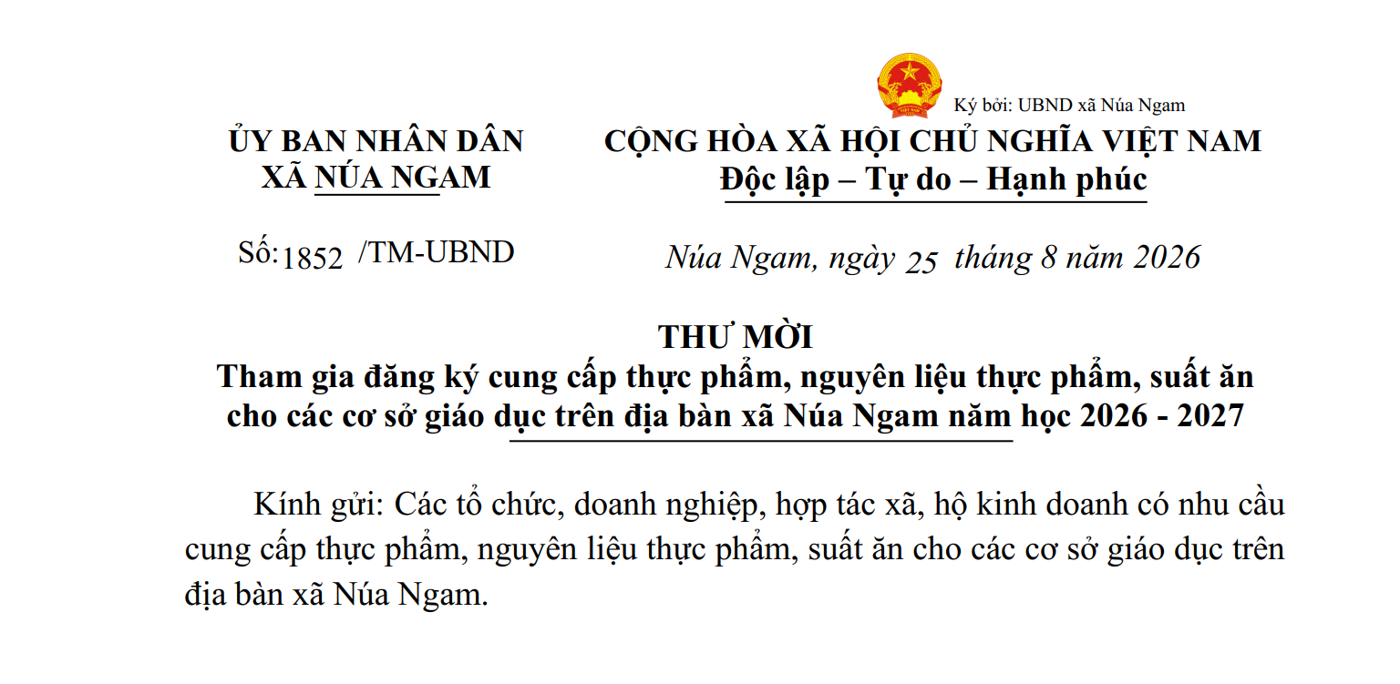 Thư mời tham gia đăng ký cung cấp thực phẩm, nguyên liệu thực phẩm, suất ăn cho các cơ sở giáo dục trên địa bàn xã Núa Ngam năm học 2026 - 2027
